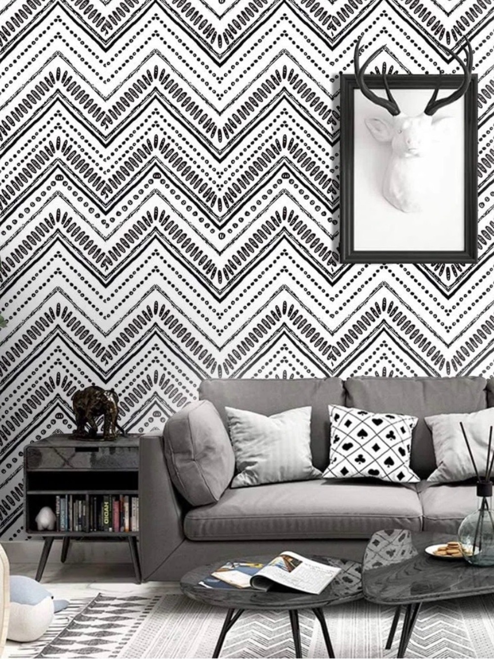 Black & White Geometric Print Self Adhesive Boho Wallpaper 4 Rolls - Picture 3 of 10